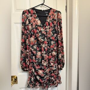 Express Pink Floral Wrap Dress Long Sleeve Bishop V-Neck